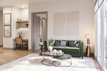 Living room with green sofa and nesting coffee tables
